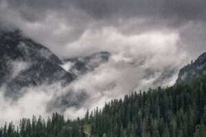 Foto aus den Schweizer Alpen, Wolken hängen in den Bäumen und Bergen